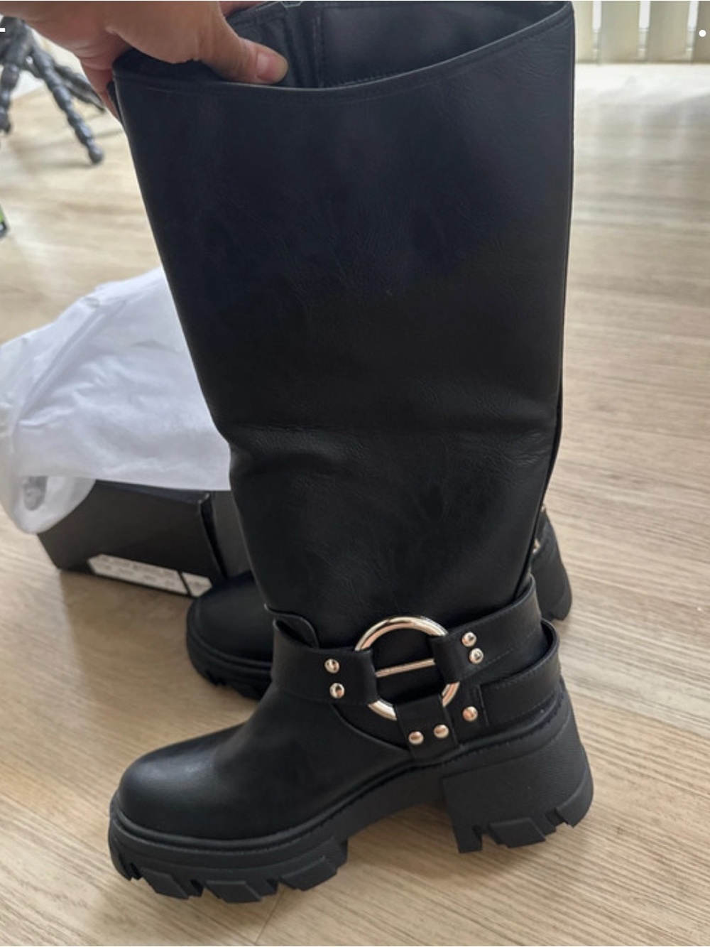 Fashion Nova Black Over-the-Knee Lug Boots with Buckles & Ring Detail - Picture 2 of 9